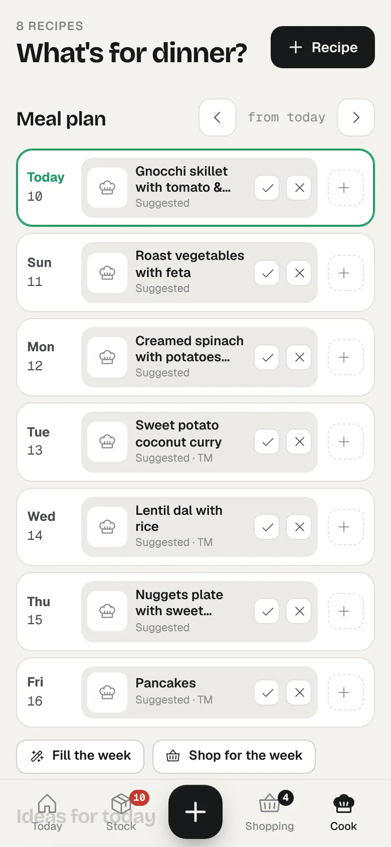 Week plan with a suggested dinner for every evening