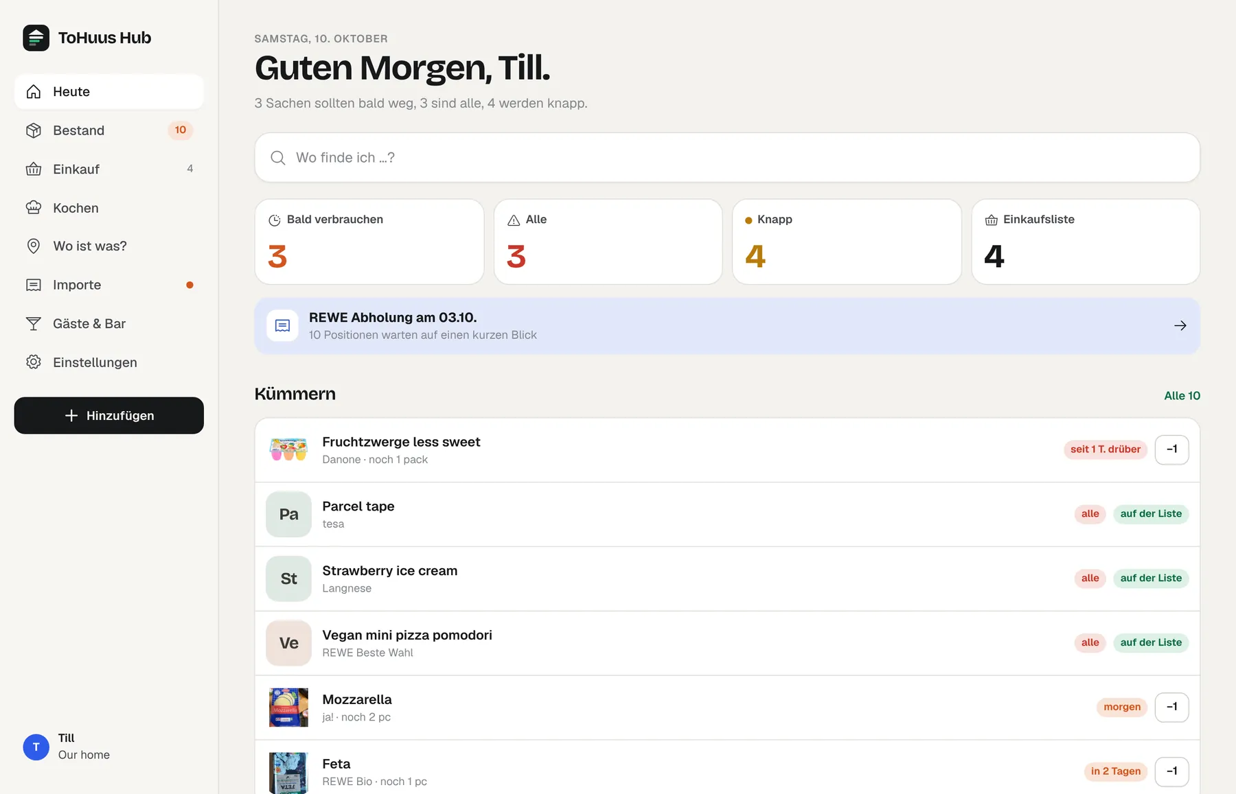 ToHuus Hub im Desktop-Browser mit Seitenleiste