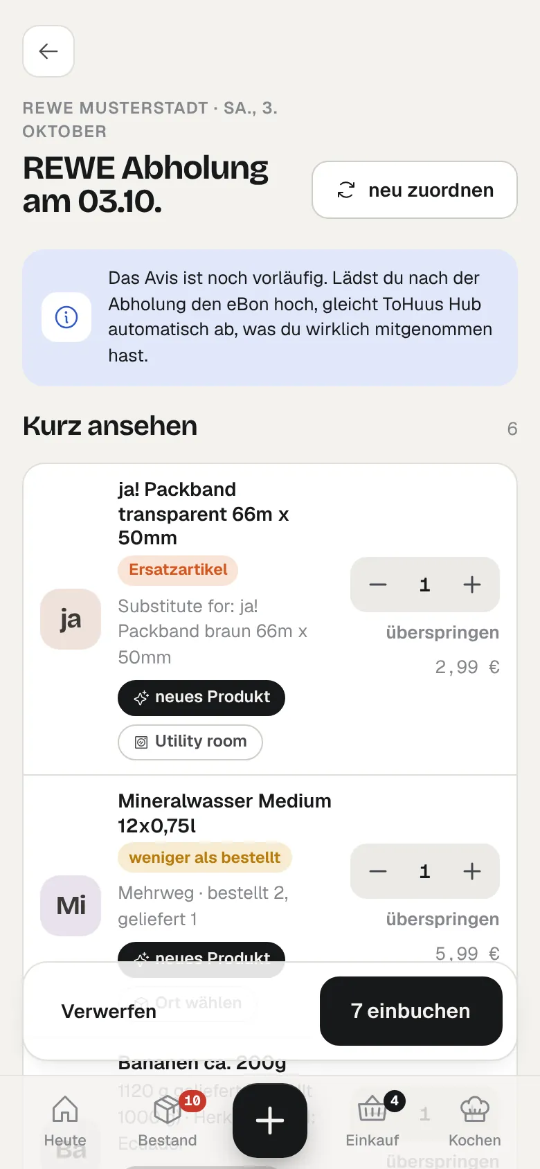 Prüfung einer Abholung mit einem Ersatzartikel und einer geringeren Menge