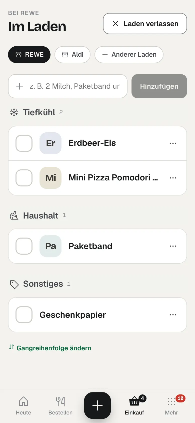 Einkaufsliste im Laden-Modus, nach Gängen eines Ladens sortiert