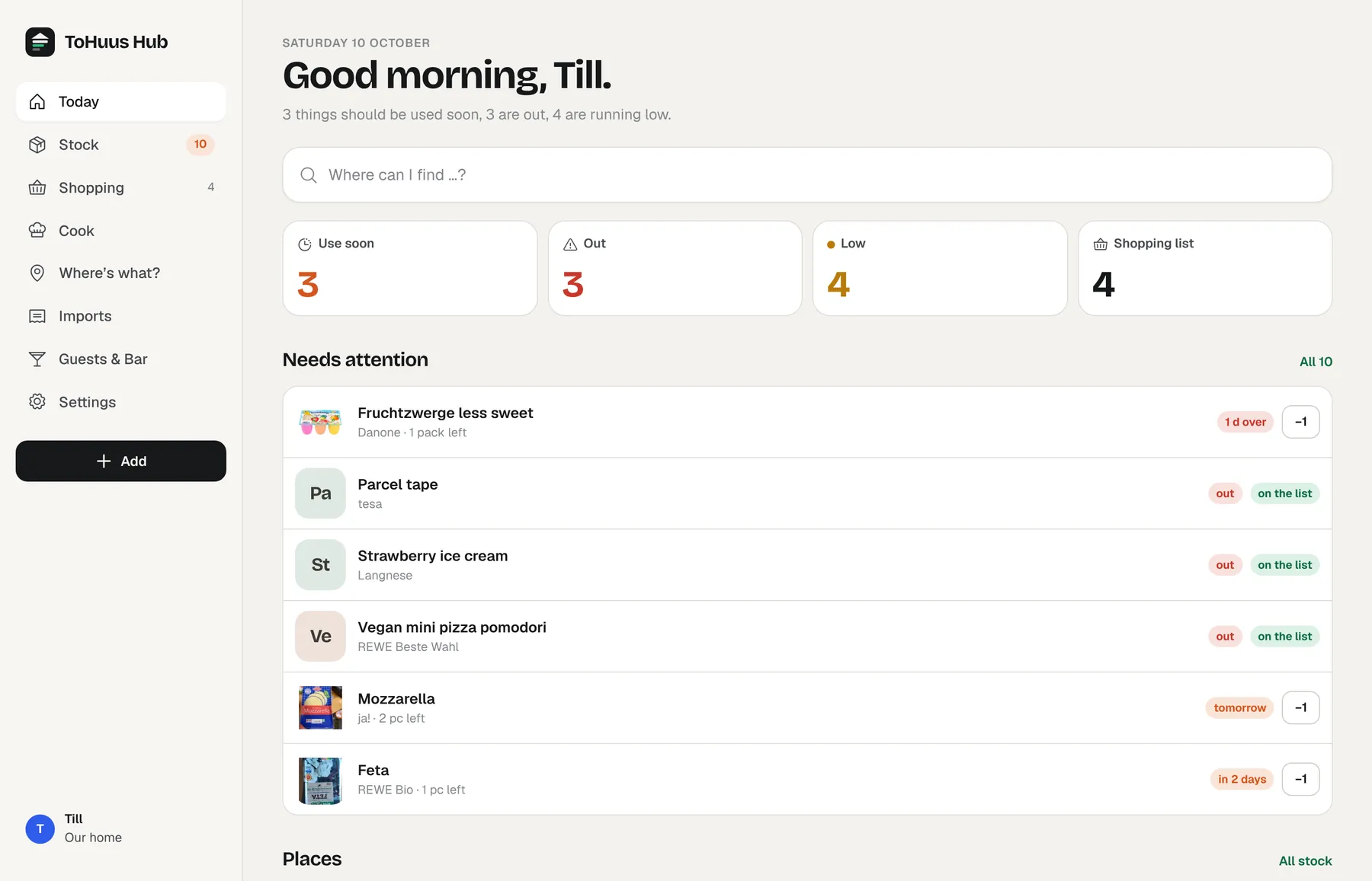 ToHuus Hub in a desktop browser with sidebar navigation