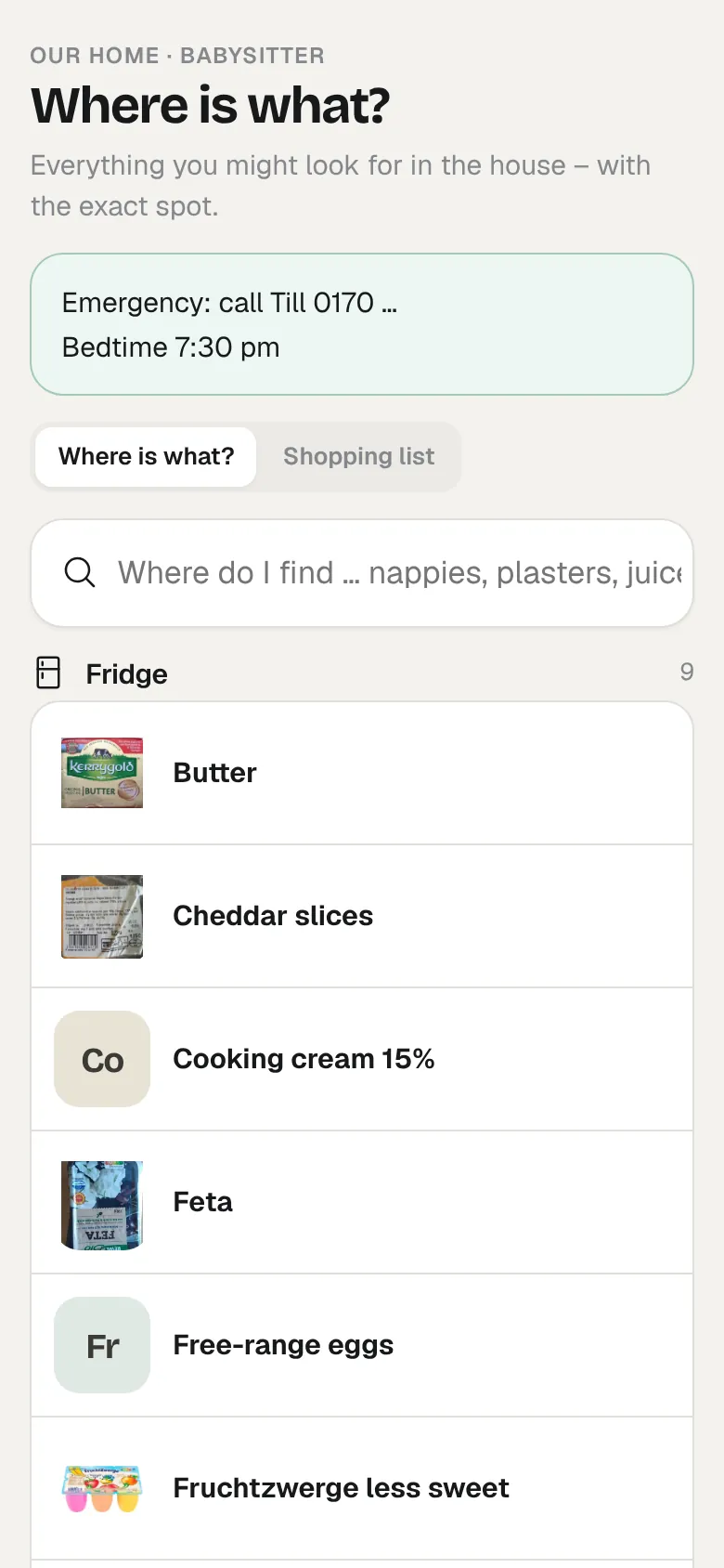Babysitter view with an emergency note and a search for where things are