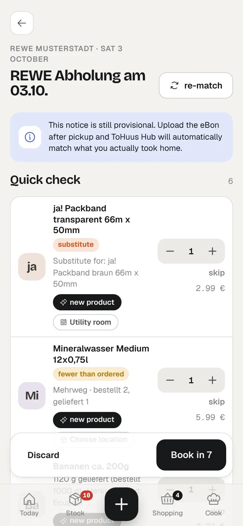 Import review of a grocery pickup with one substitution and one reduced quantity