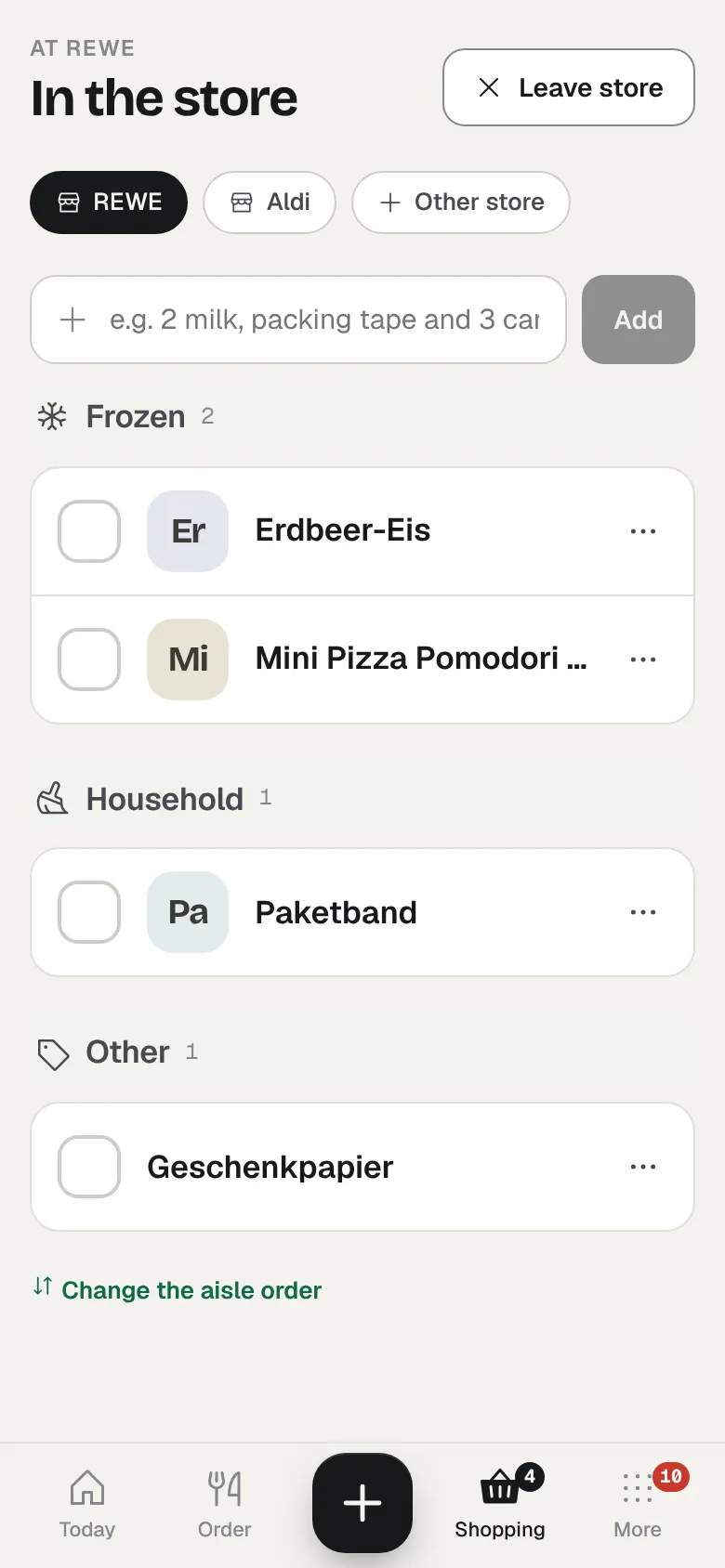 Shopping list in store mode, grouped by aisle for one shop